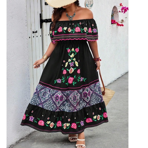 Plus Floral Print Off Shoulder Stretchy Waist High Waisted Maxi Dress - Picture 4 of 4